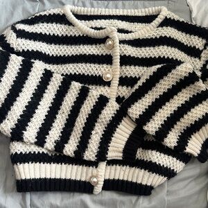 Black & Ivory Striped Knit Cardigan Sweater